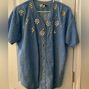 Donna Denim Blue Blouse Bejeweled Retro